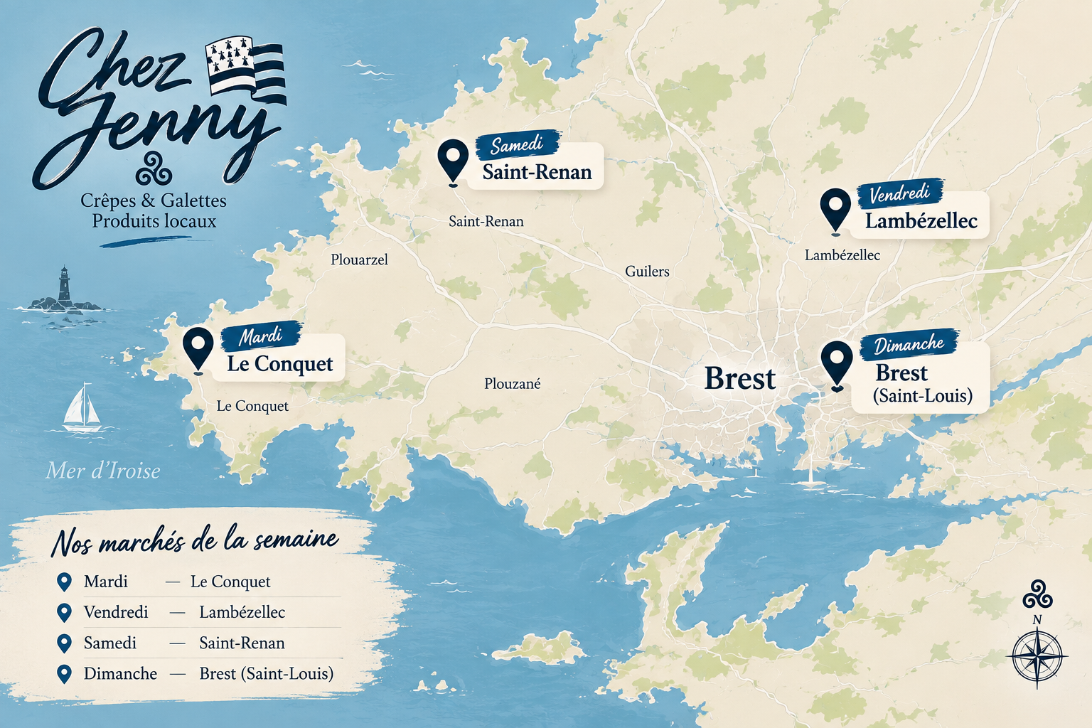 Carte des marchés de Chez Jenny autour de Brest : Le Conquet, Lambézellec, Saint-Renan et Brest Saint-Louis